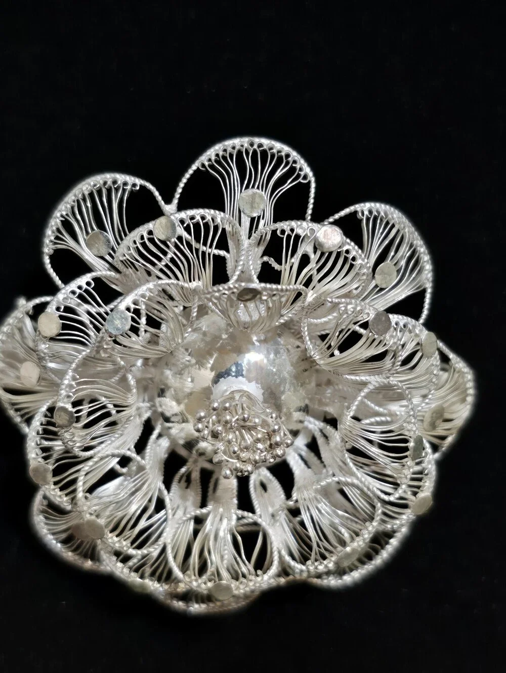 Vintage 1.8 Inch Sterling Silver Filigree Lace Flower Brooch Pin
